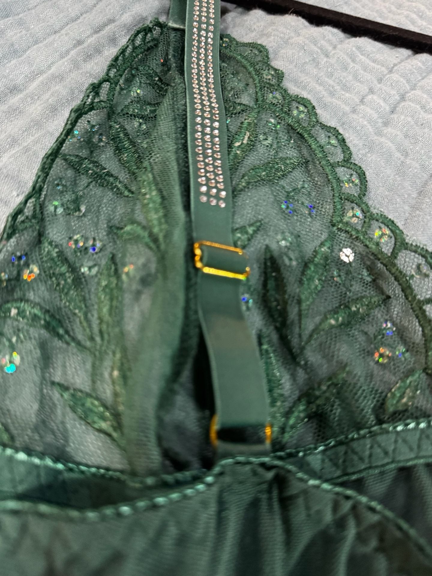 Tagless VS share lace with rhinestone strap sequin green slip dress M 9