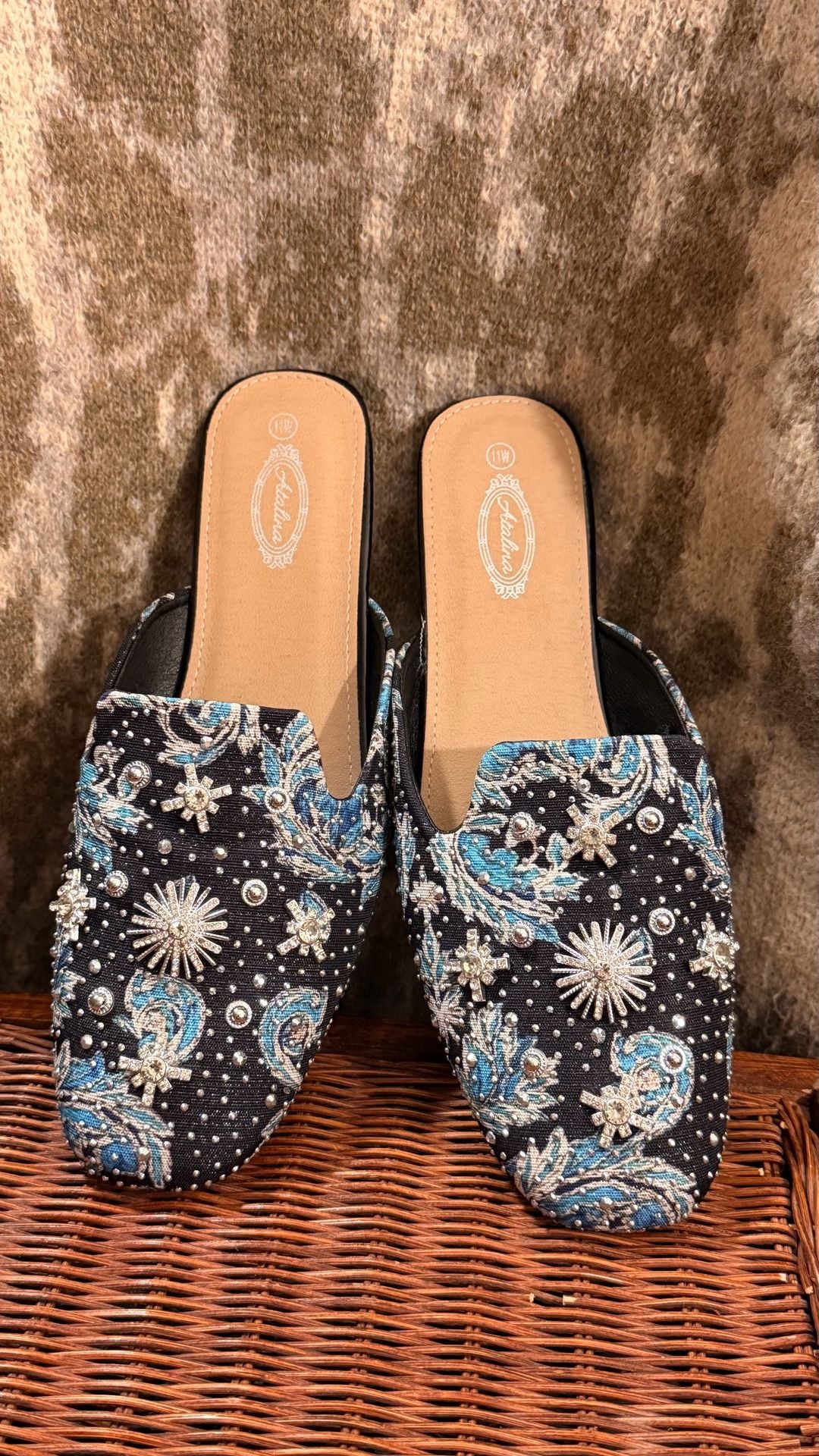 Atalina Mules Size 11W Blue Paisley Embellished 2