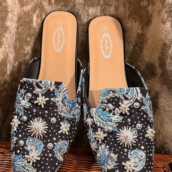 Atalina Mules Size 11W Blue Paisley Embellished