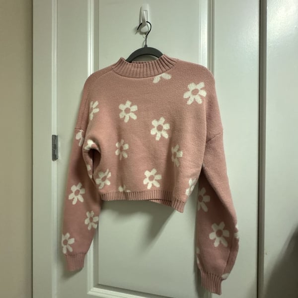 Hollister Floral Mock Neck Crop Sweater Size S Pink White