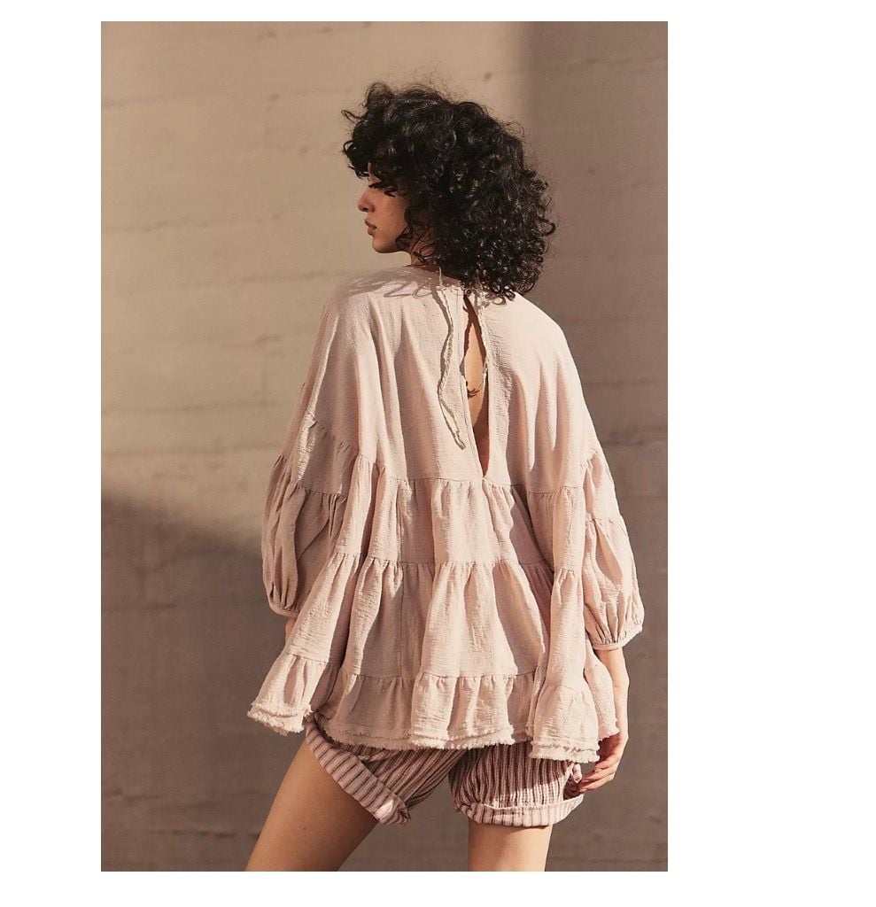 Free People Tiered Tunic Blouse Size XS ￼neutral color Balloon Sleeve Babydoll Top fall  9
