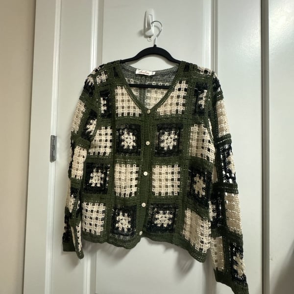 Anneliese Cardigan womens Size M Green Black Crochet Sweater