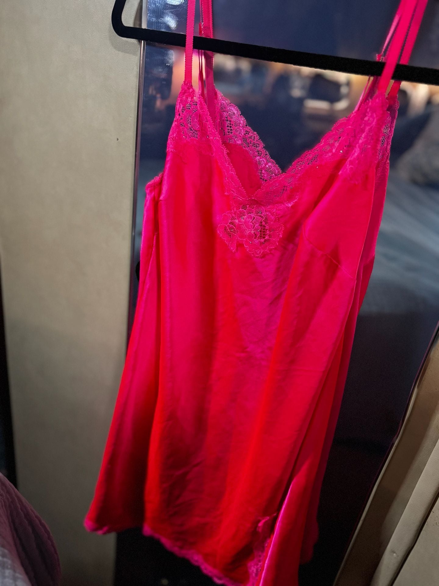 Victoria's Secret Slip Dress Size S Hot Pink Satin Lace Trim Chemise 1