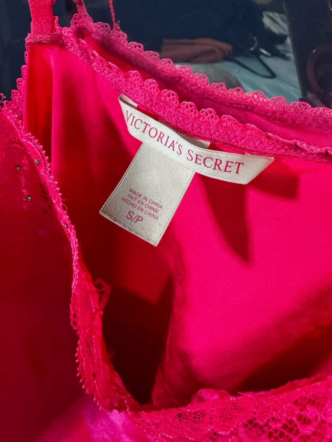 Victoria's Secret Slip Dress Size S Hot Pink Satin Lace Trim Chemise 2