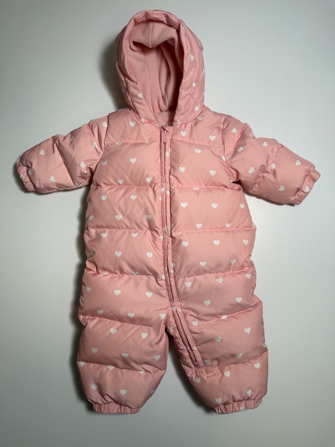 Baby Gap Snowsuit 6-12 Months Pink White Hearts Down Puffer Hooded 2