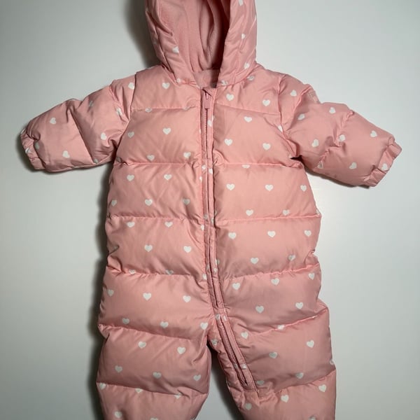Baby Gap Snowsuit 6-12 Months Pink White Hearts Down Puffer Hooded