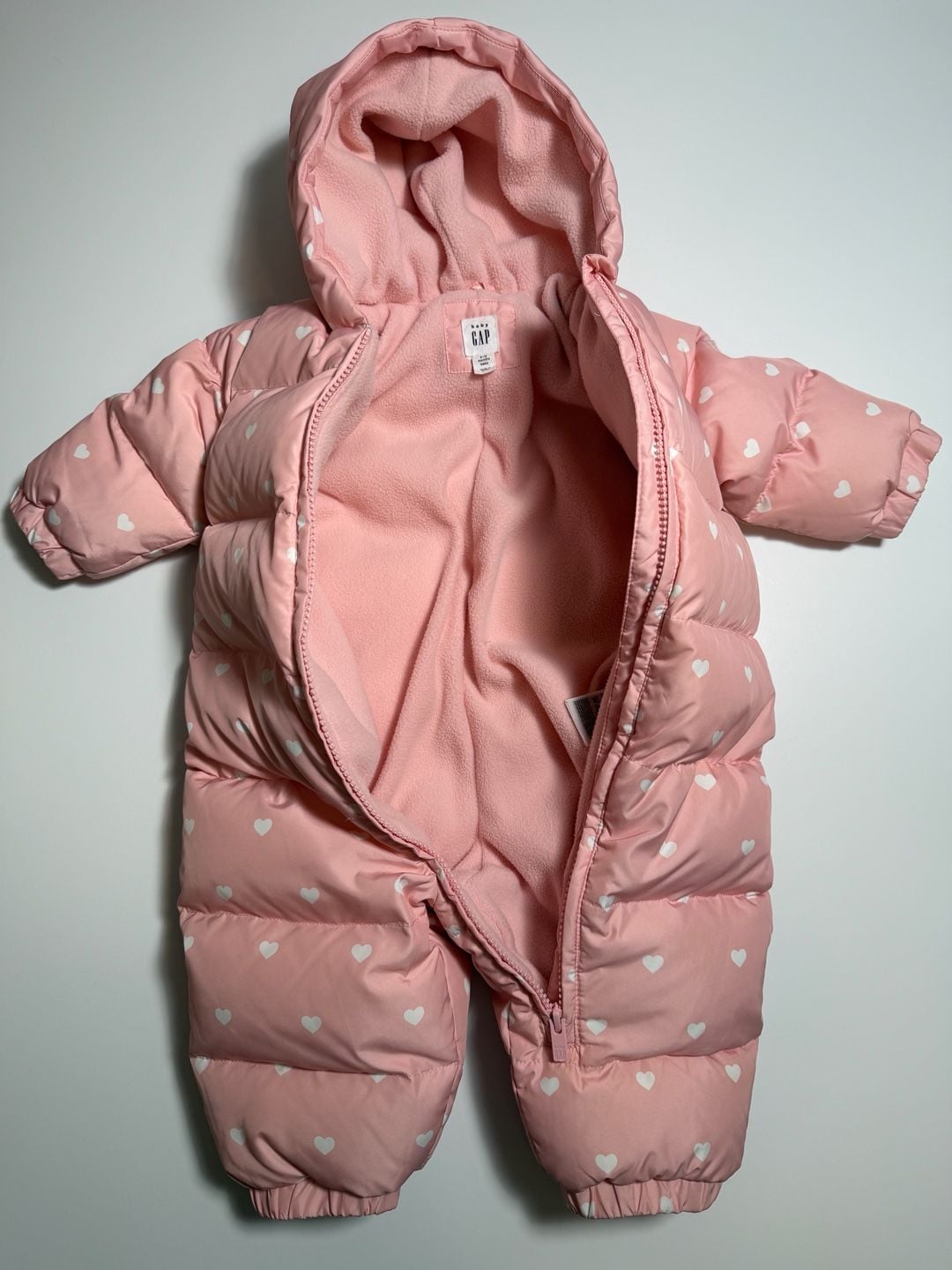 Baby Gap Snowsuit 6-12 Months Pink White Hearts Down Puffer Hooded 5