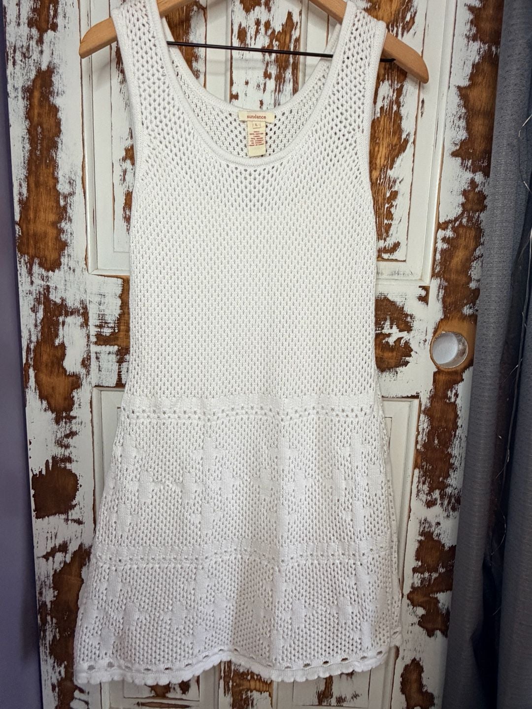 Sundance Sleeveless Crochet Mini Dress Size L White Cotton Resortwear Boho 2
