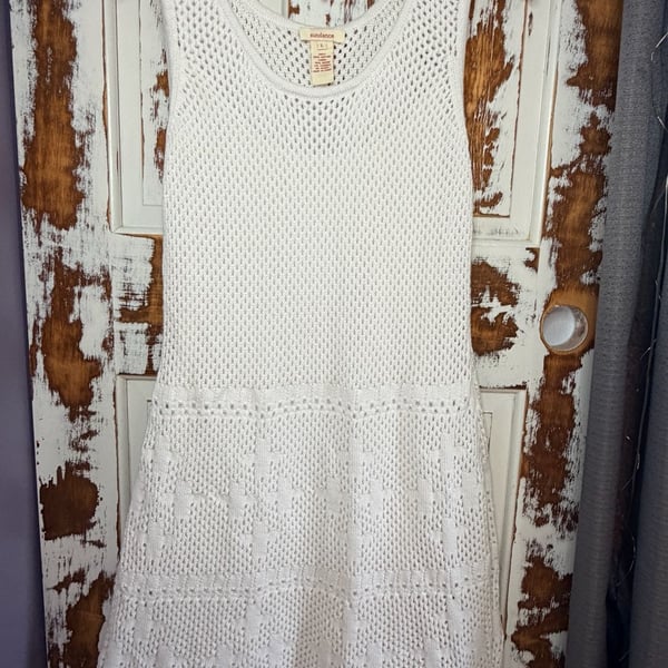 Sundance Sleeveless Crochet Mini Dress Size L White Cotton Resortwear Boho