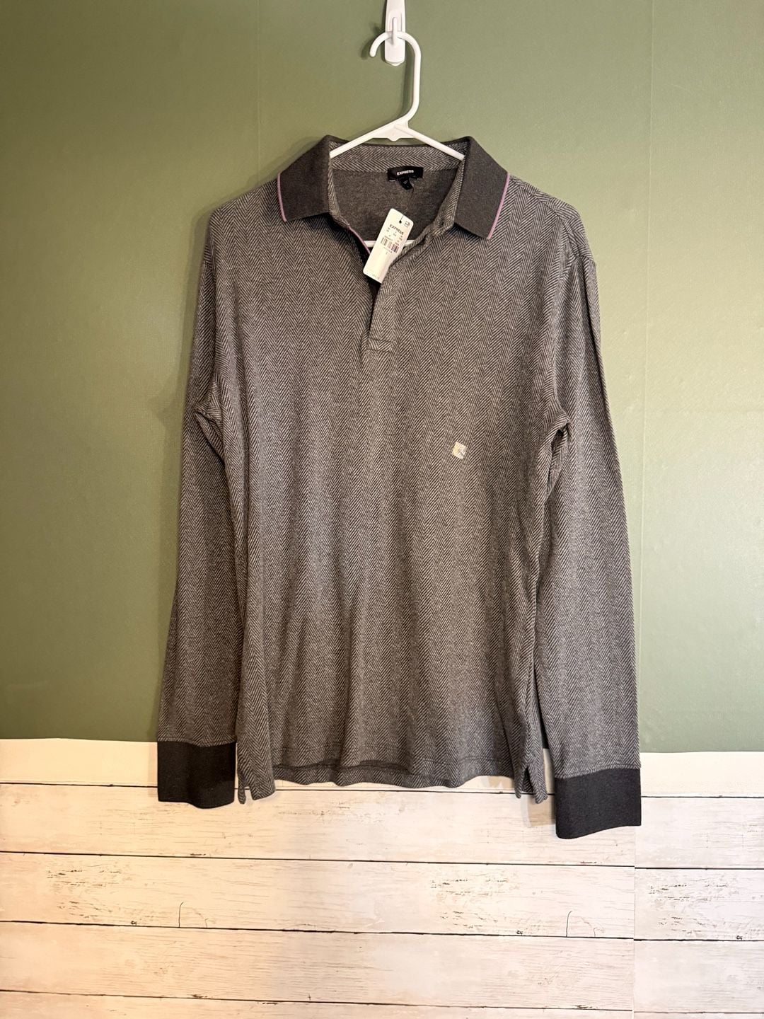 NWT Express Long Sleeve Polo Size S Gray Herringbone Cotton 2
