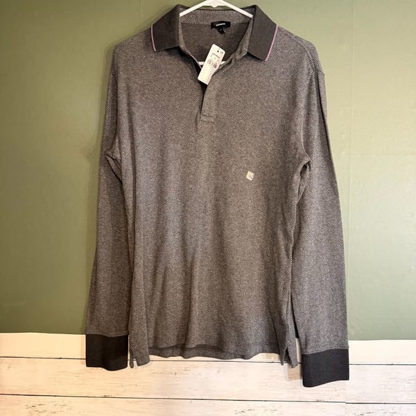 NWT Express Long Sleeve Polo Size S Gray Herringbone Cotton