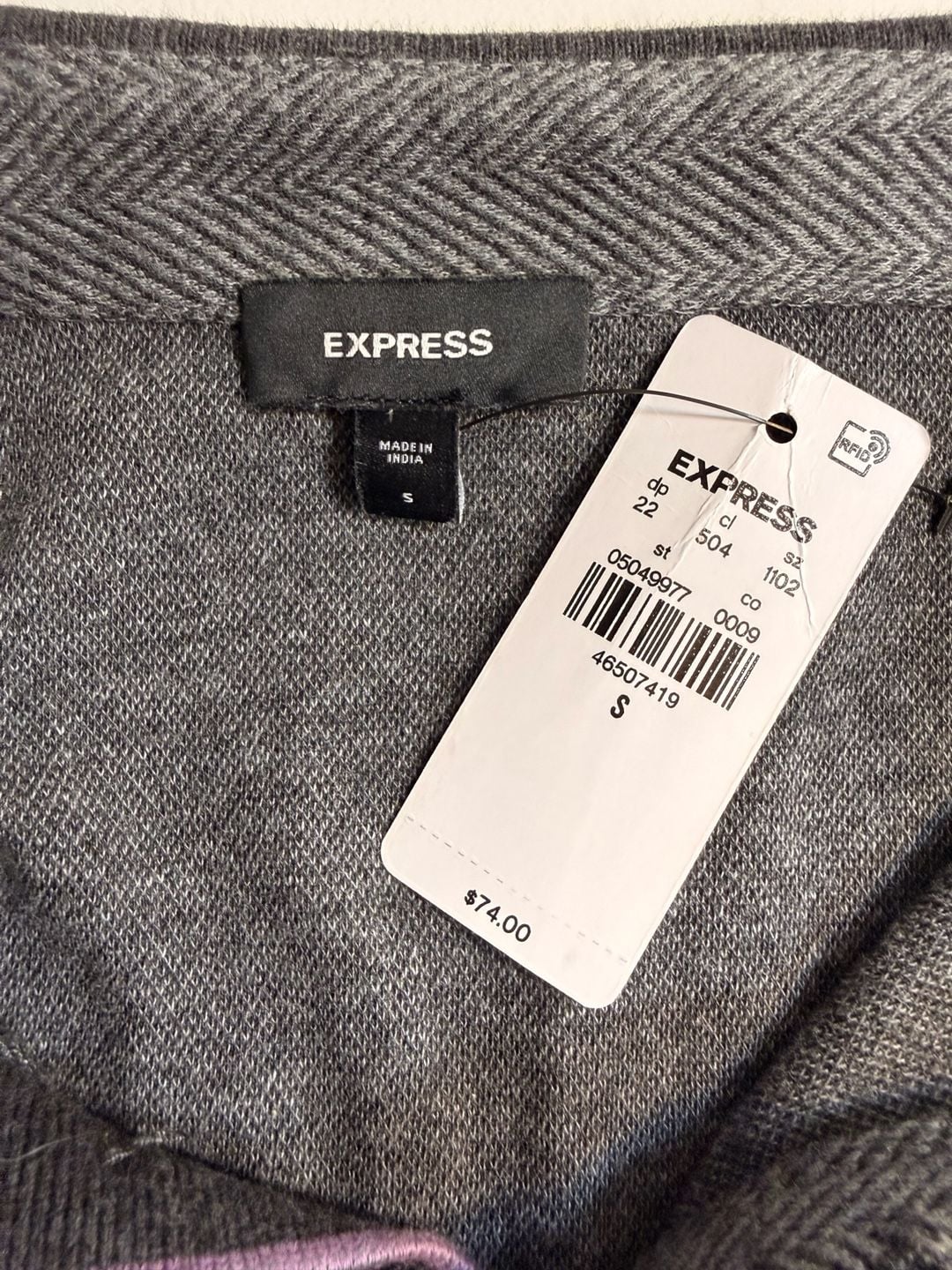NWT Express Long Sleeve Polo Size S Gray Herringbone Cotton 4