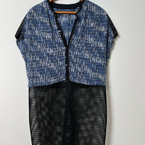 Elie Tahari XS Blue Tweed Mesh Long Vest Jacket Open Knit Avant Garde