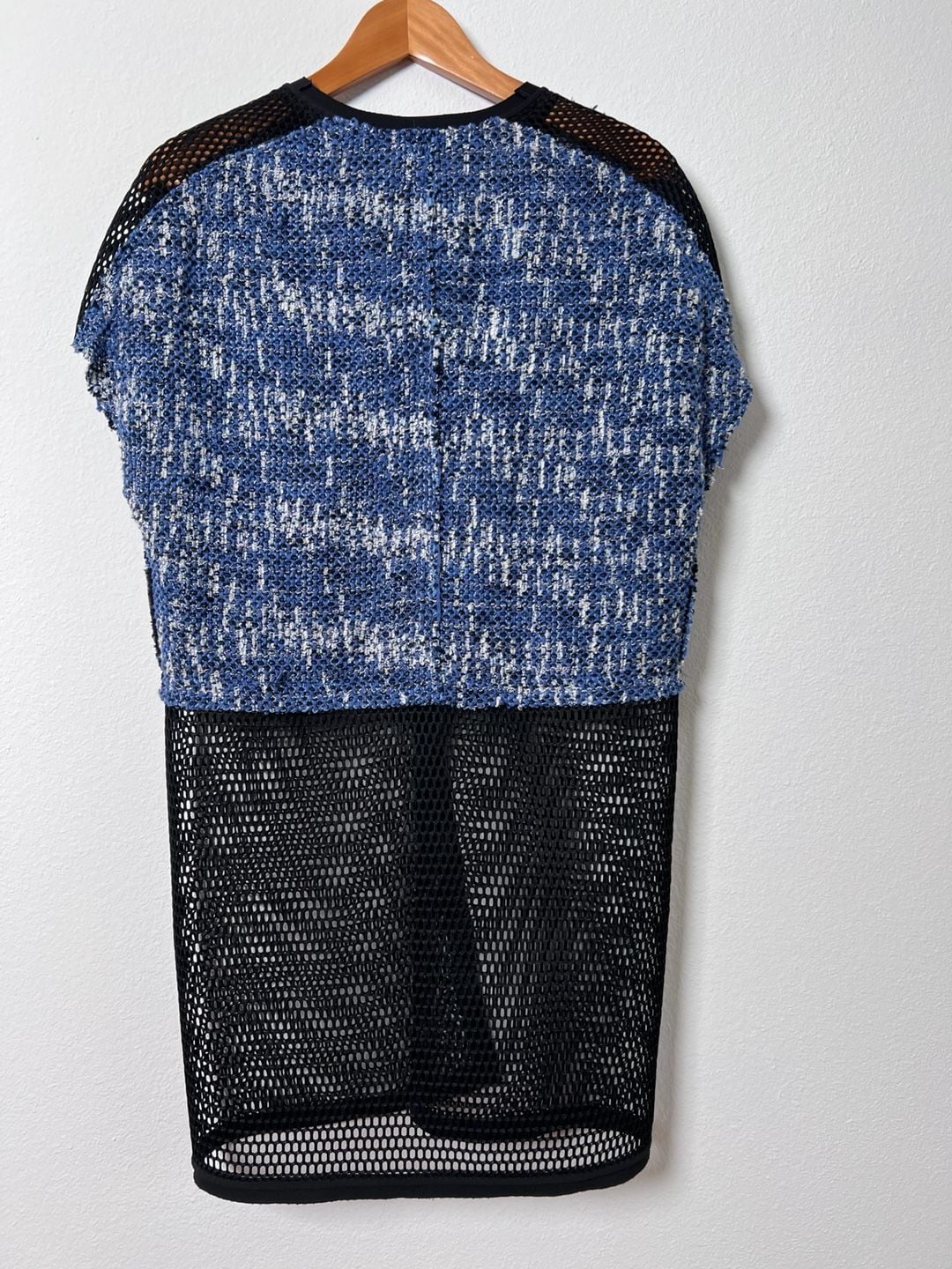 Elie Tahari XS Blue Tweed Mesh Long Vest Jacket Open Knit Avant Garde 8