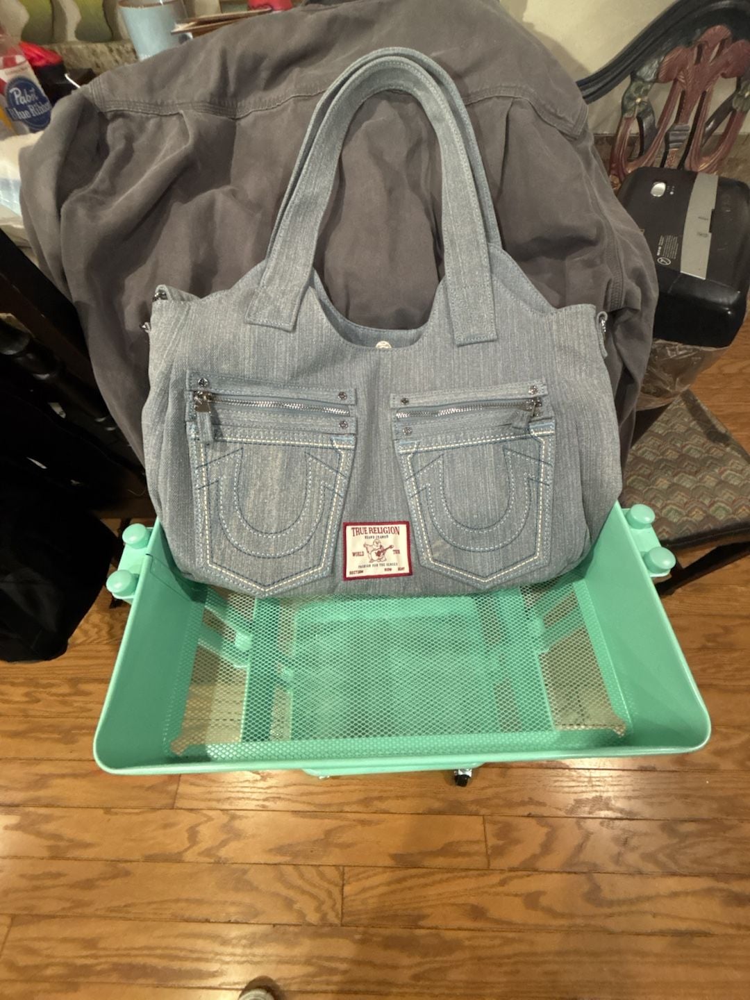 True Religion Women's Horseshoe Stitch Denim Satchel Handbag 2