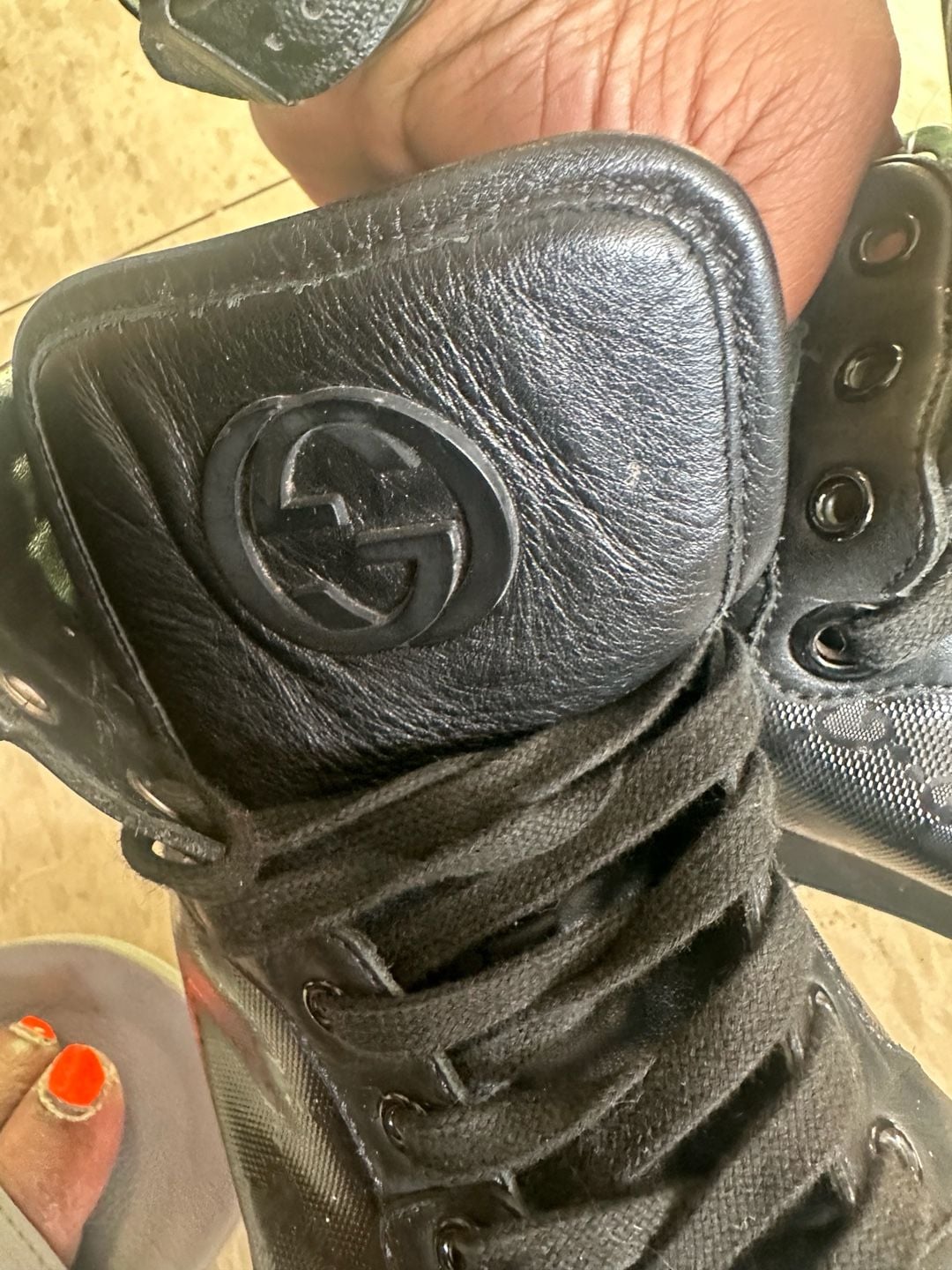 Gucci High Top Sneakers Size 7.5 G Black Monogram Leather 11