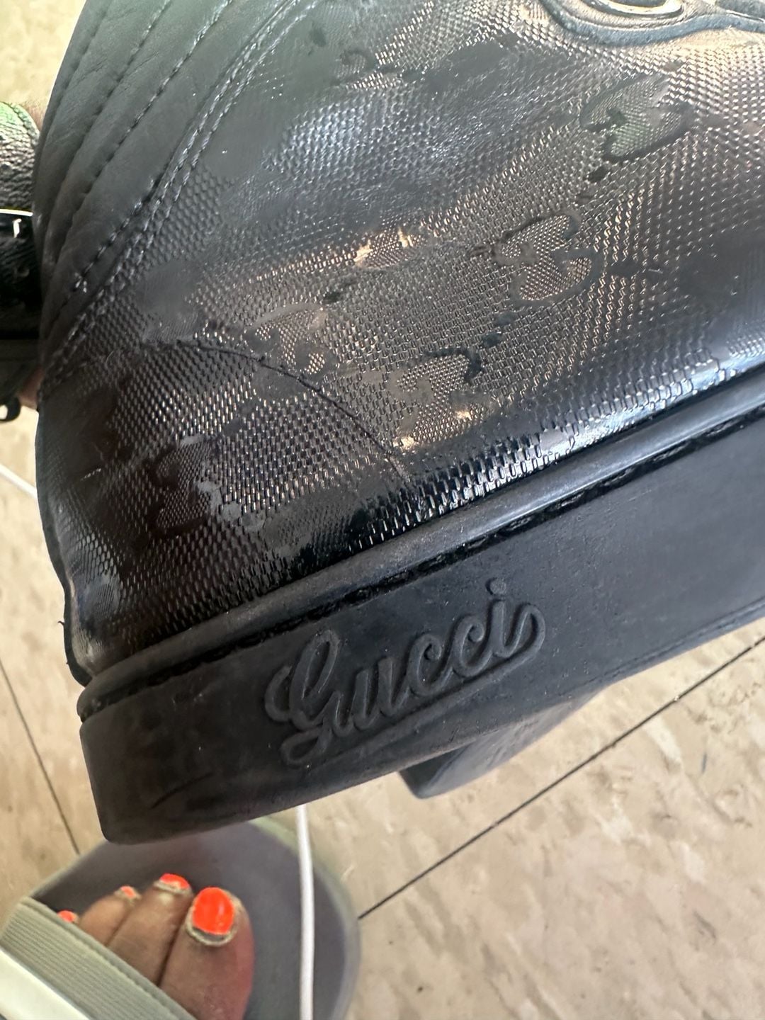 Gucci High Top Sneakers Size 7.5 G Black Monogram Leather 12