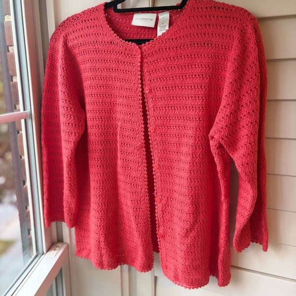 Liz Claiborne Coral Crochet Cardigan SzM Cottagecore Granola Girl