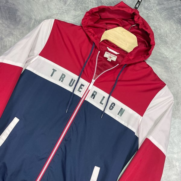 True Religion Color block Hooded Windbreaker Jacket Size L Red White Blue