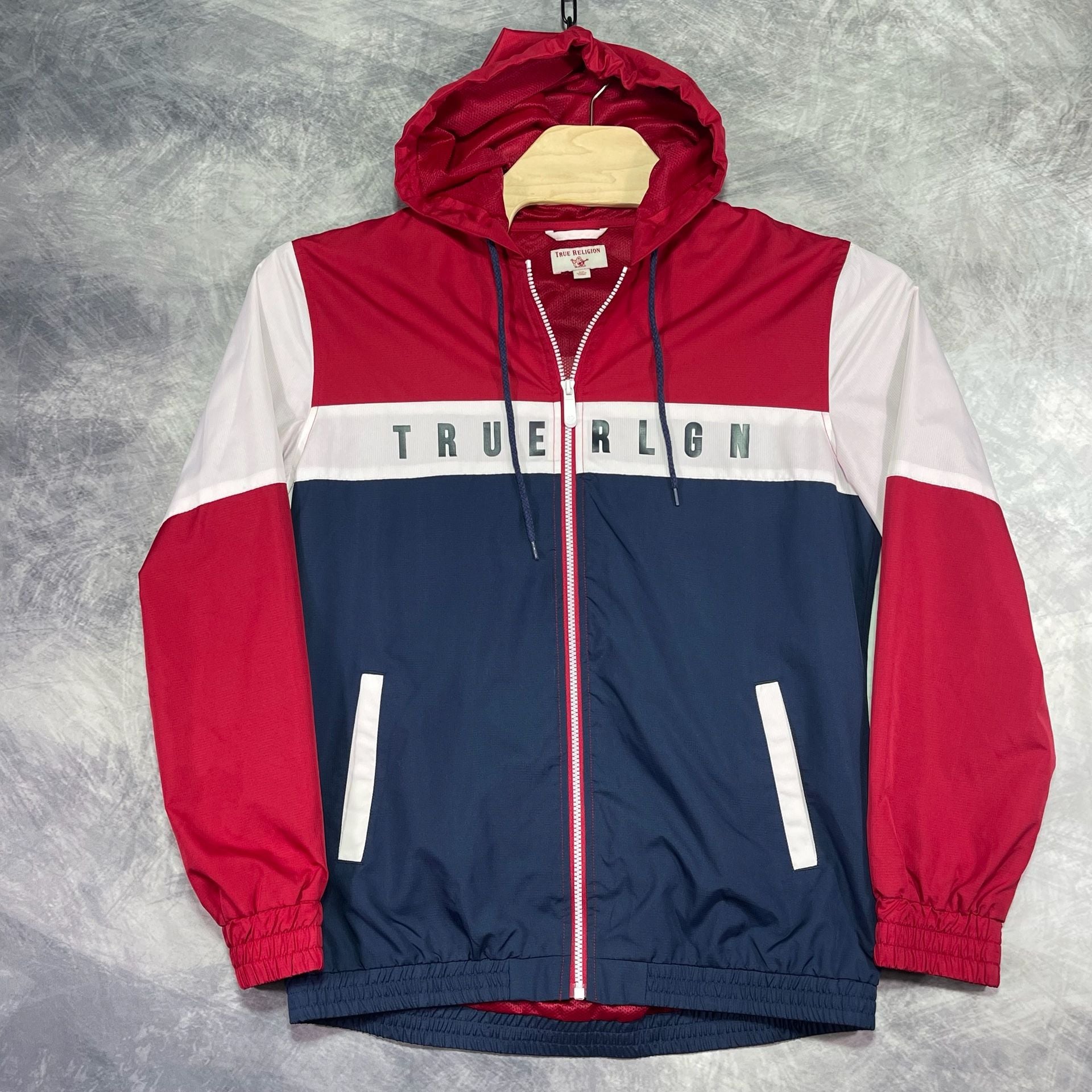 True Religion Color block Hooded Windbreaker Jacket Size L Red White Blue 3