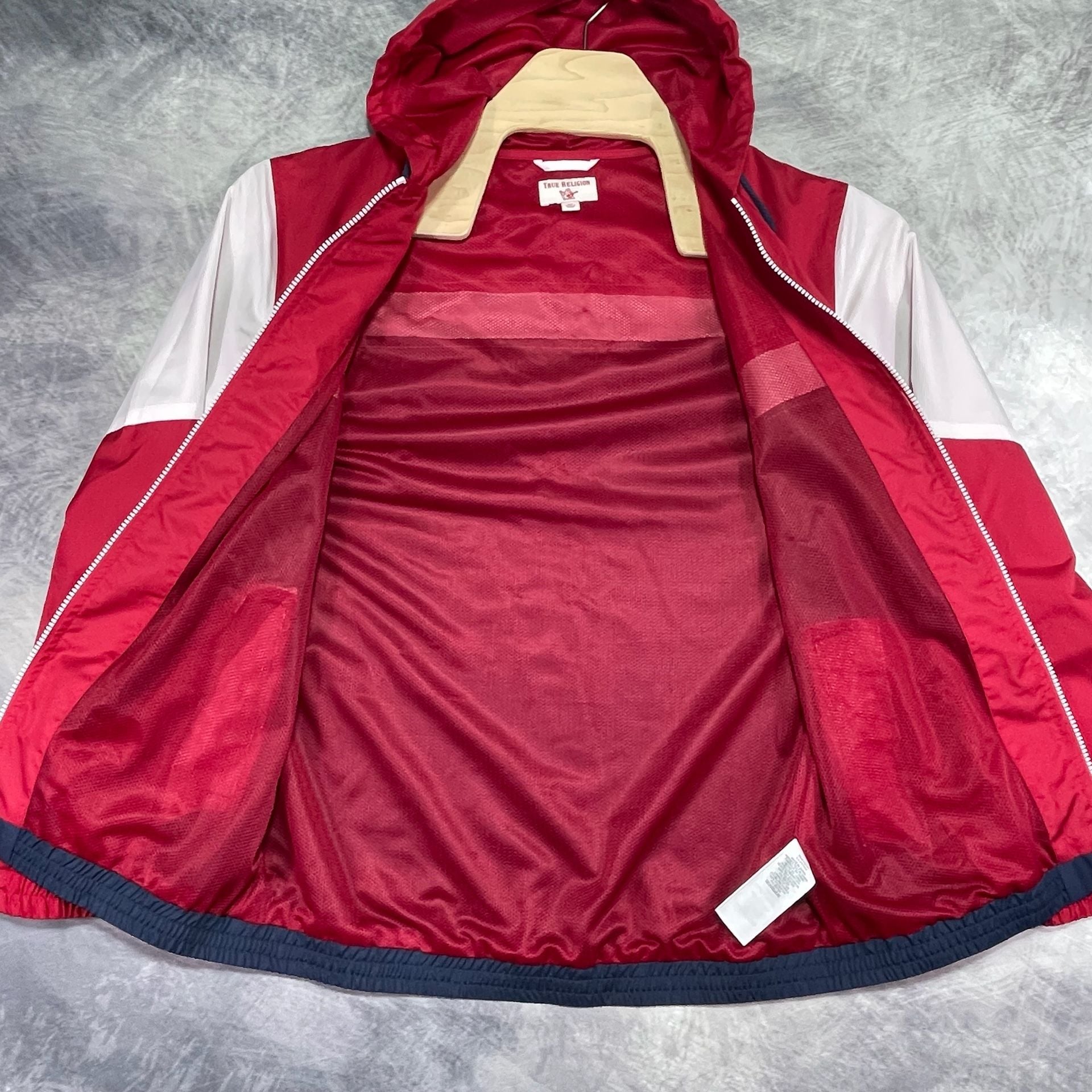 True Religion Color block Hooded Windbreaker Jacket Size L Red White Blue 9