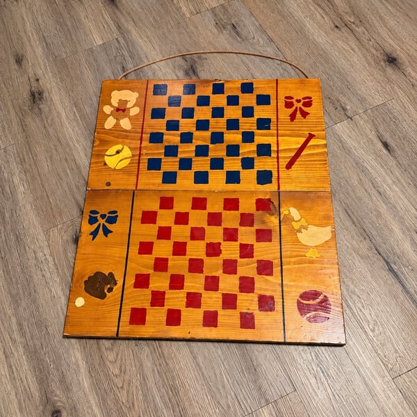 Vintage Handcrafted Wooden Double-Sided Checker Game Board