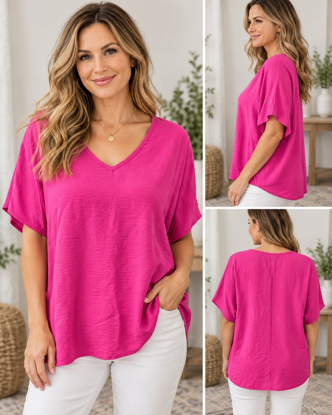 Entro V-Neck Blouse Size Small Hot Pink Short Sleeve Textured Top 2