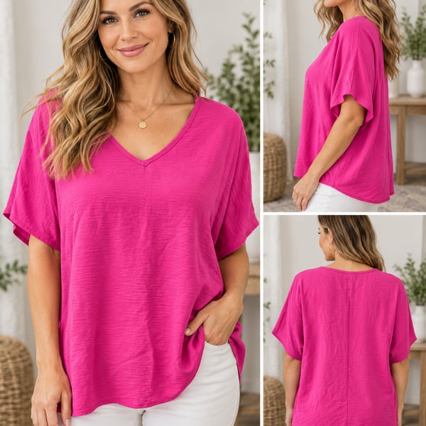 Entro V-Neck Blouse Size Small Hot Pink Short Sleeve Textured Top