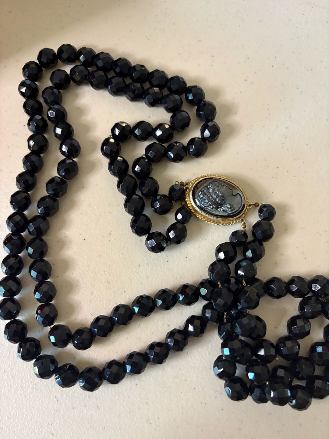 Vintage Black Faceted Glass Bead Necklace With Cameo Clasp 2