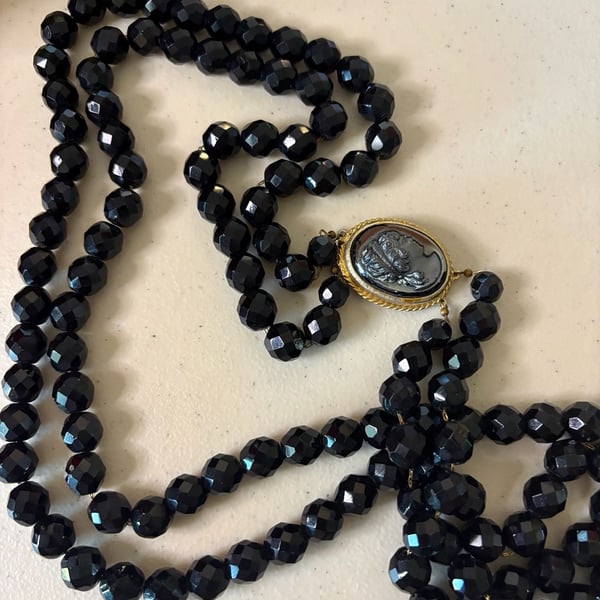 Vintage Black Faceted Glass Bead Necklace With Cameo Clasp