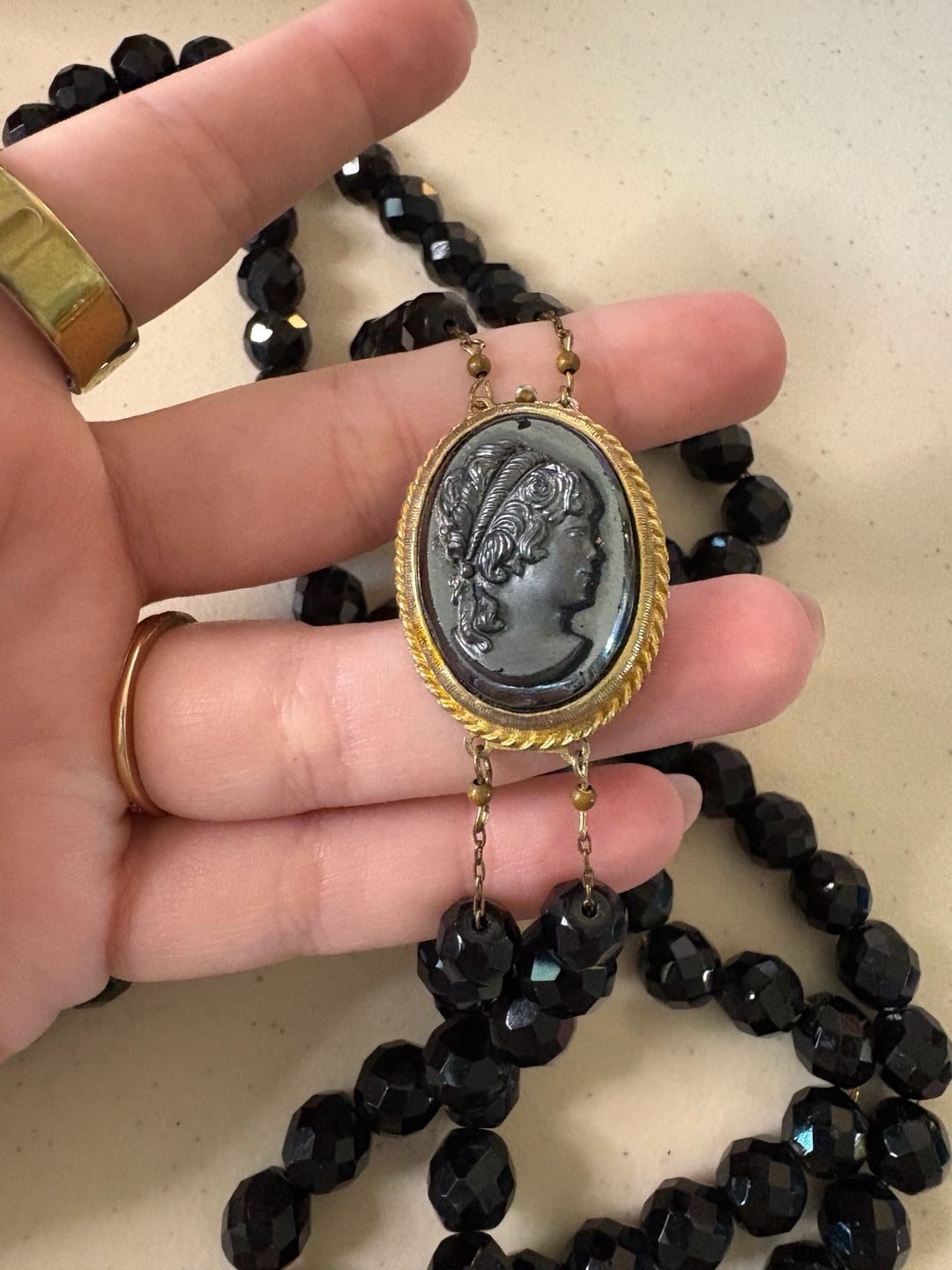 Vintage Black Faceted Glass Bead Necklace With Cameo Clasp 3