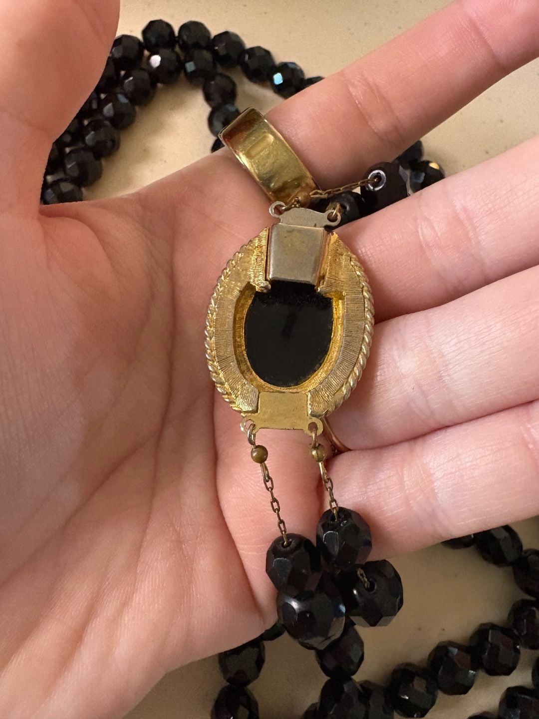 Vintage Black Faceted Glass Bead Necklace With Cameo Clasp 4