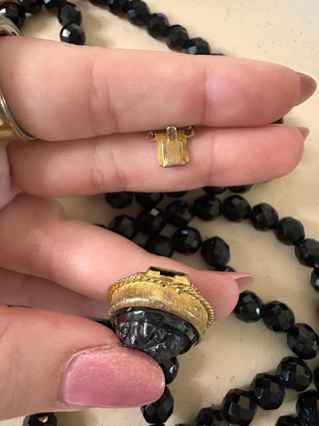 Vintage Black Faceted Glass Bead Necklace With Cameo Clasp 5
