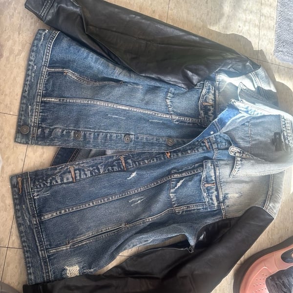 INC International Concepts Denim Jacket Size XXL Distressed Faux Leather Sleeves