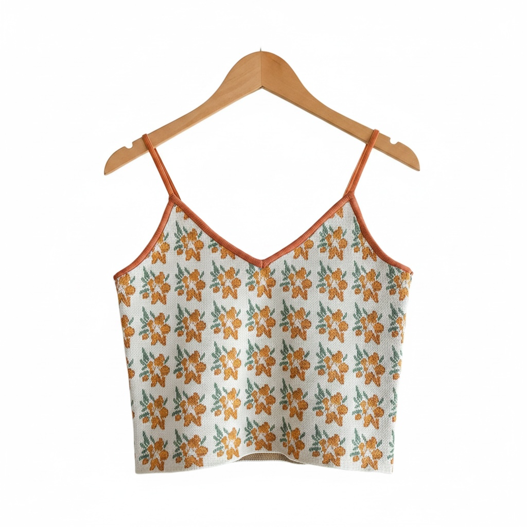 Zara Knit Crop Tank Top Size S Orange Floral Jacquard 3