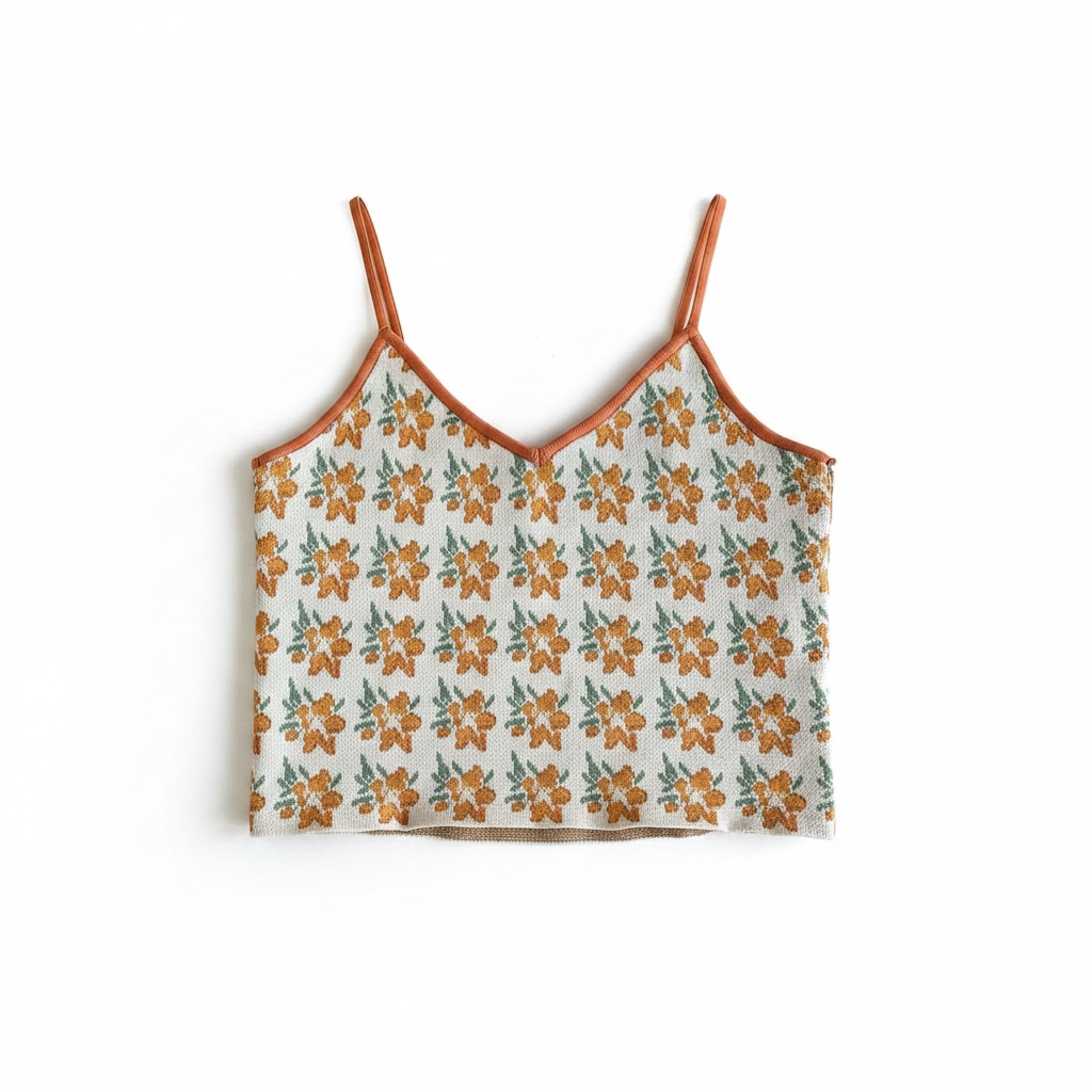 Zara Knit Crop Tank Top Size S Orange Floral Jacquard 4