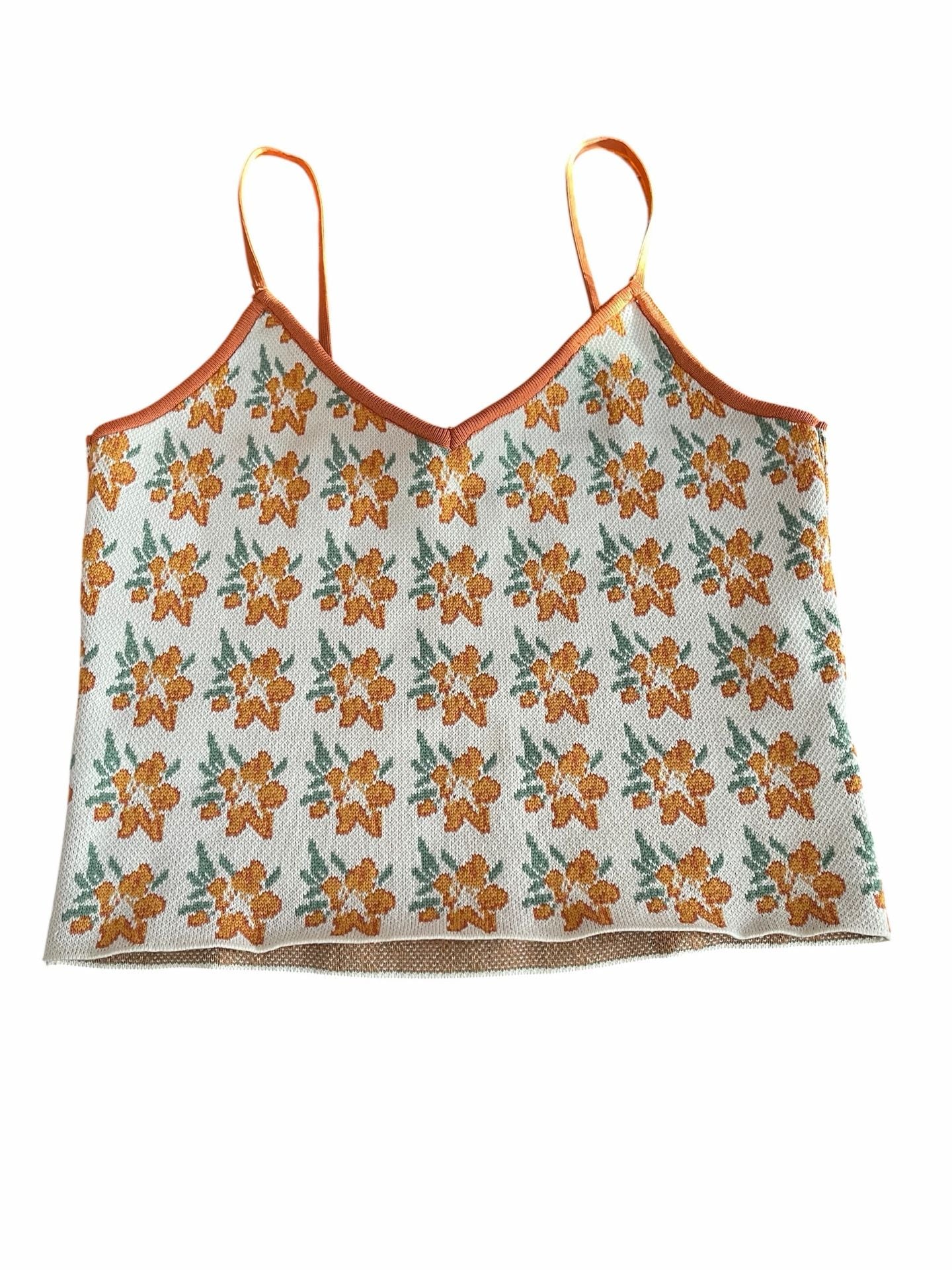 Zara Knit Crop Tank Top Size S Orange Floral Jacquard 7