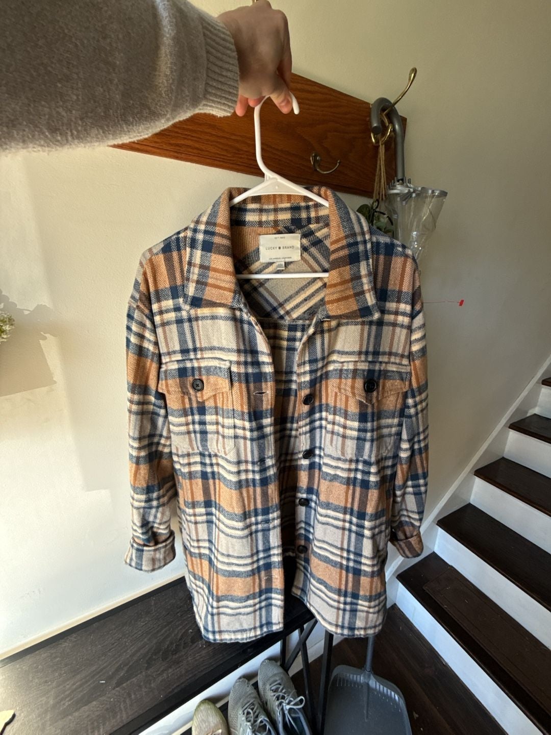The Perfect Fall π Flannel Plaid Shacket Size M Brown Blue 2