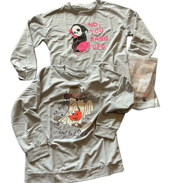 Halloween Long Sleeve Shirts Size M Grey Graphic Top Set