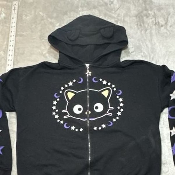 Chococat By Sanrio Hot Topic Zip Up Hoodie Size L Black Cat Ears