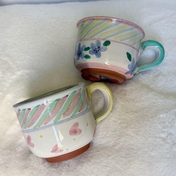 Vintage Hand Painted Italian Pottery Ceramic Coffee Mugs Set of Two