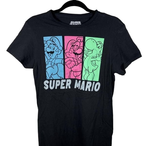Super Mario T-Shirt Size S (34/36) Black Graphic Tee Yoshi Luigi