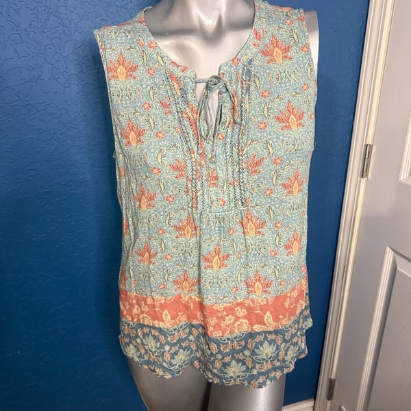Daniel Rainn Large Floral Boho Blouse Sleeveless Tie Neck Border Print Tunic Top