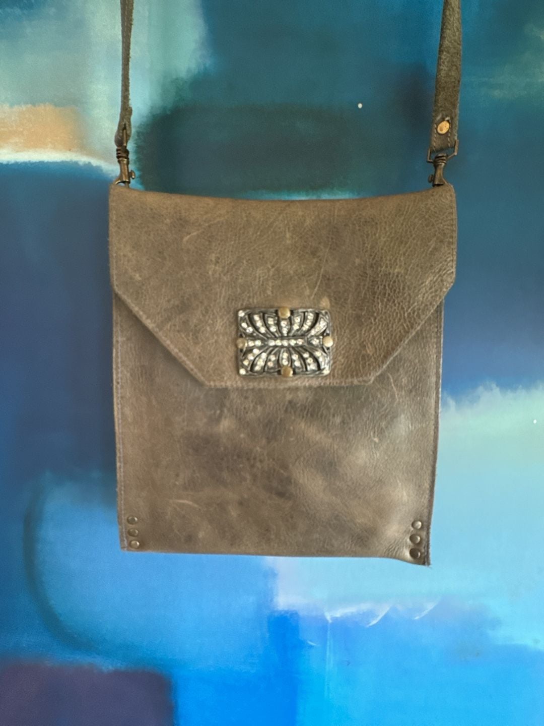 Kbd Studio Leather Crossbody Bag Grey Rhinestone Clasp 3