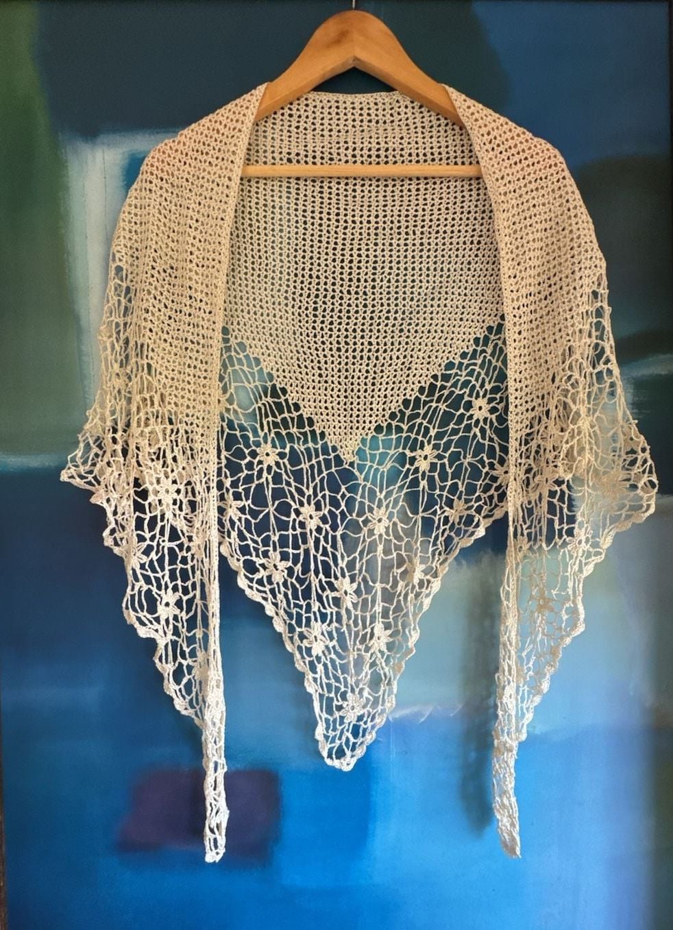 Handcrafted Crochet Lace Triangle Shawl Ivory Wedding Wrap Waist Wrap 1