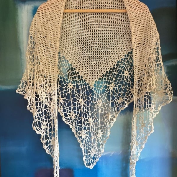 Handcrafted Crochet Lace Triangle Shawl Ivory Wedding Wrap Waist Wrap