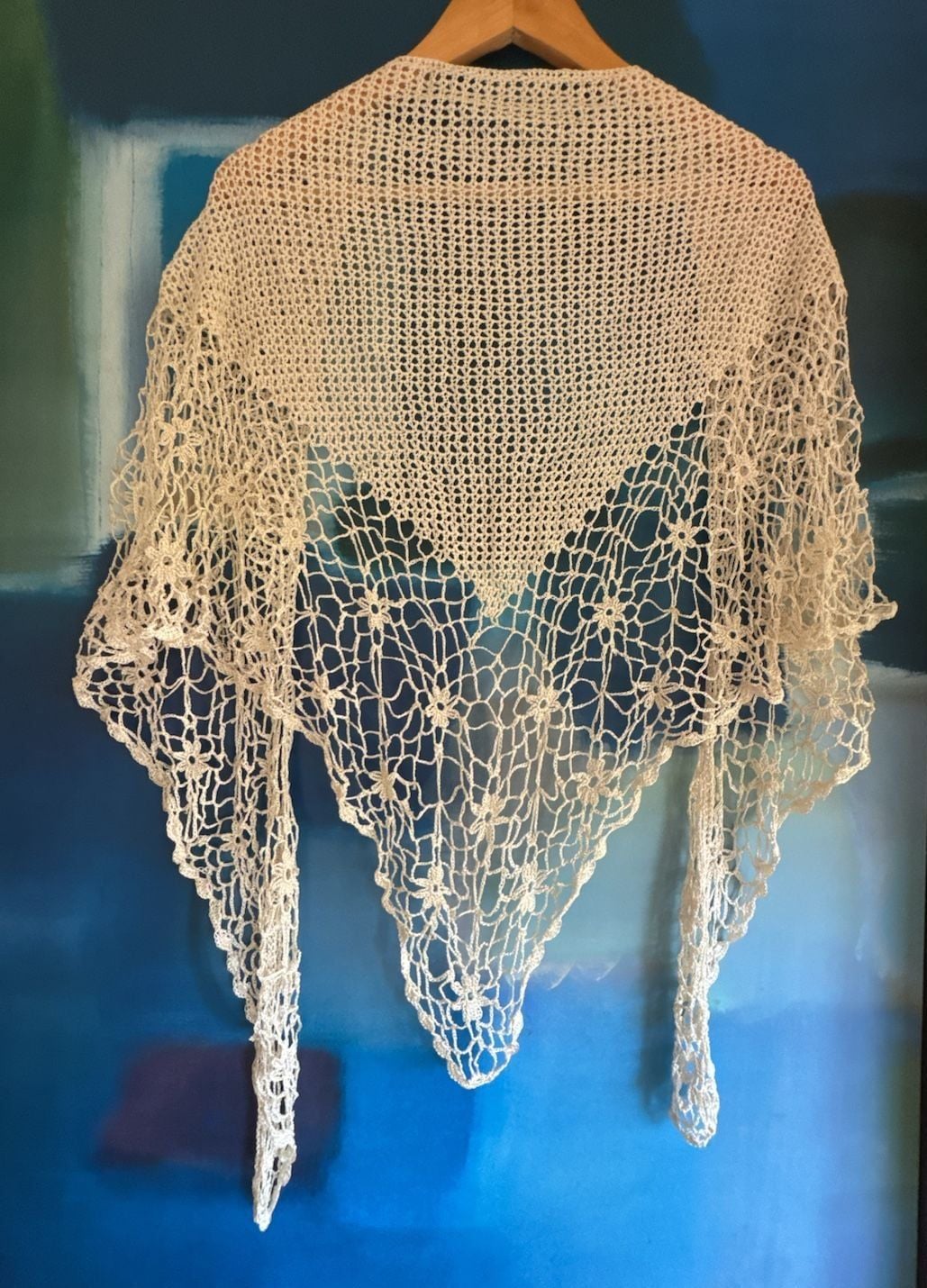 Handcrafted Crochet Lace Triangle Shawl Ivory Wedding Wrap Waist Wrap 5
