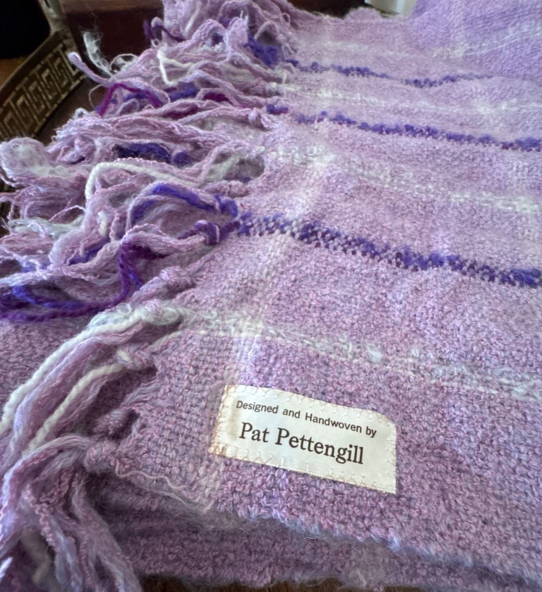 Pat Pettengill Handwoven Scarf Purple Plaid Fringe Throw 1