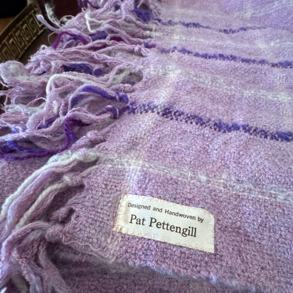 Pat Pettengill Handwoven Scarf Purple Plaid Fringe Throw