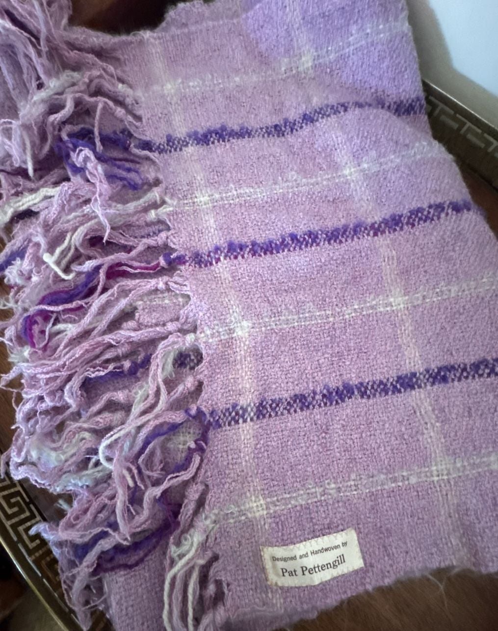 Pat Pettengill Handwoven Scarf Purple Plaid Fringe Throw 2